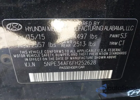 2015 Hyundai Sonata Sport z USA, uszkodzony, nr VIN 5NPE34AF6FH252628